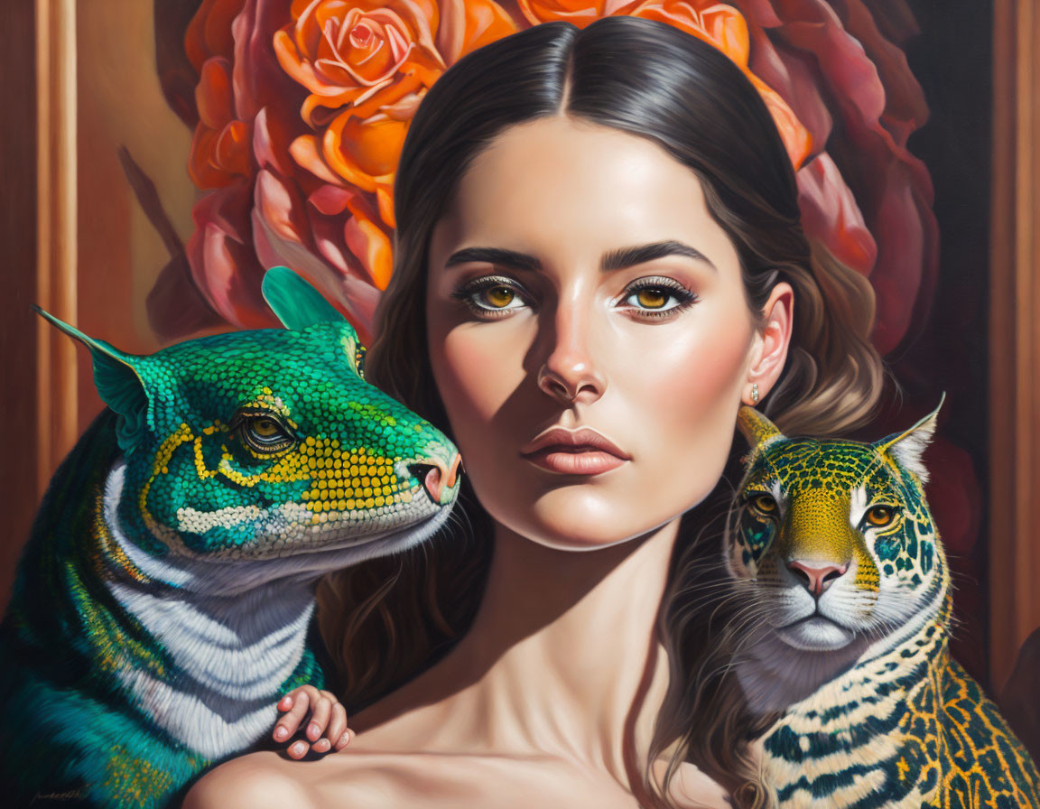 Woman with Green Iguana, Jaguar, and Rose Portrait