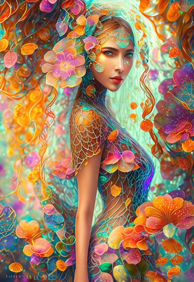 Colorful digital artwork of woman with floral and butterfly motifs