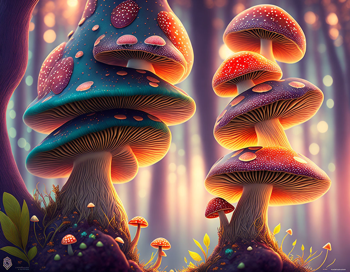 Colorful digital artwork: Oversized mushrooms in mystical forest