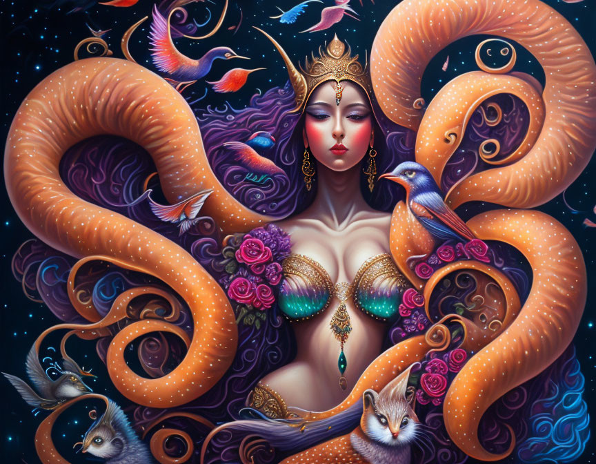 Surrealist artwork: regal woman, crown, orange tentacles, colorful birds, whimsical