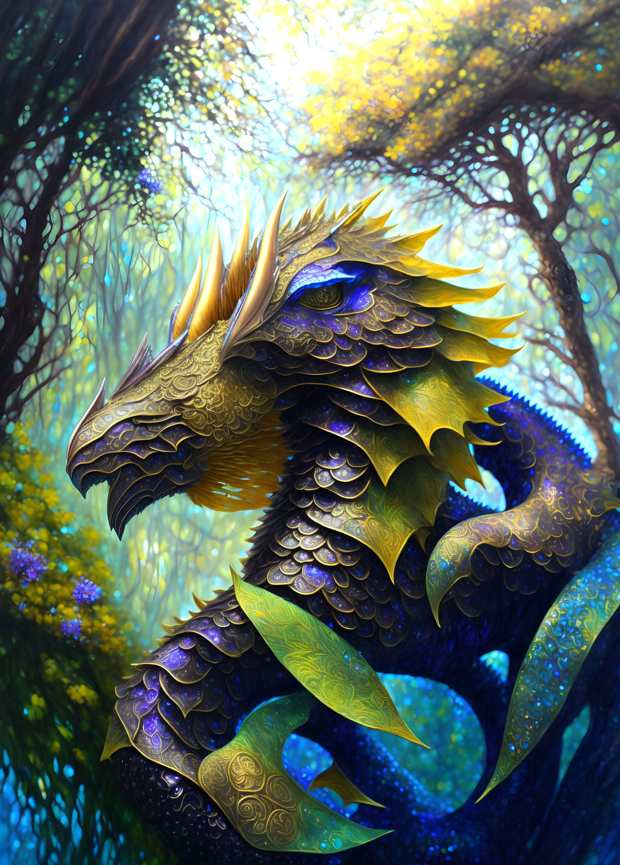 Vivid Digital Artwork: Majestic Dragon in Enchanted Forest