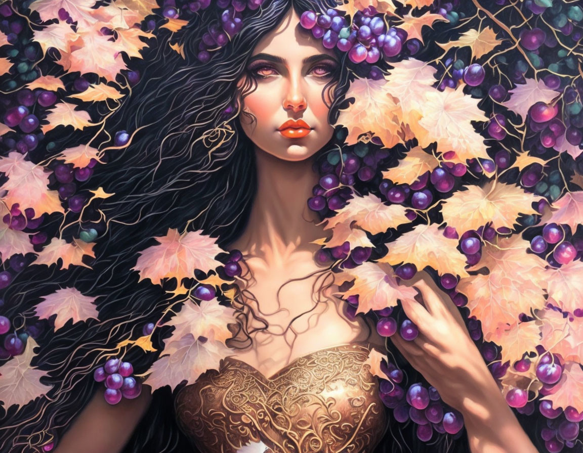 Illustrated woman with dark hair and grape clusters on textured background