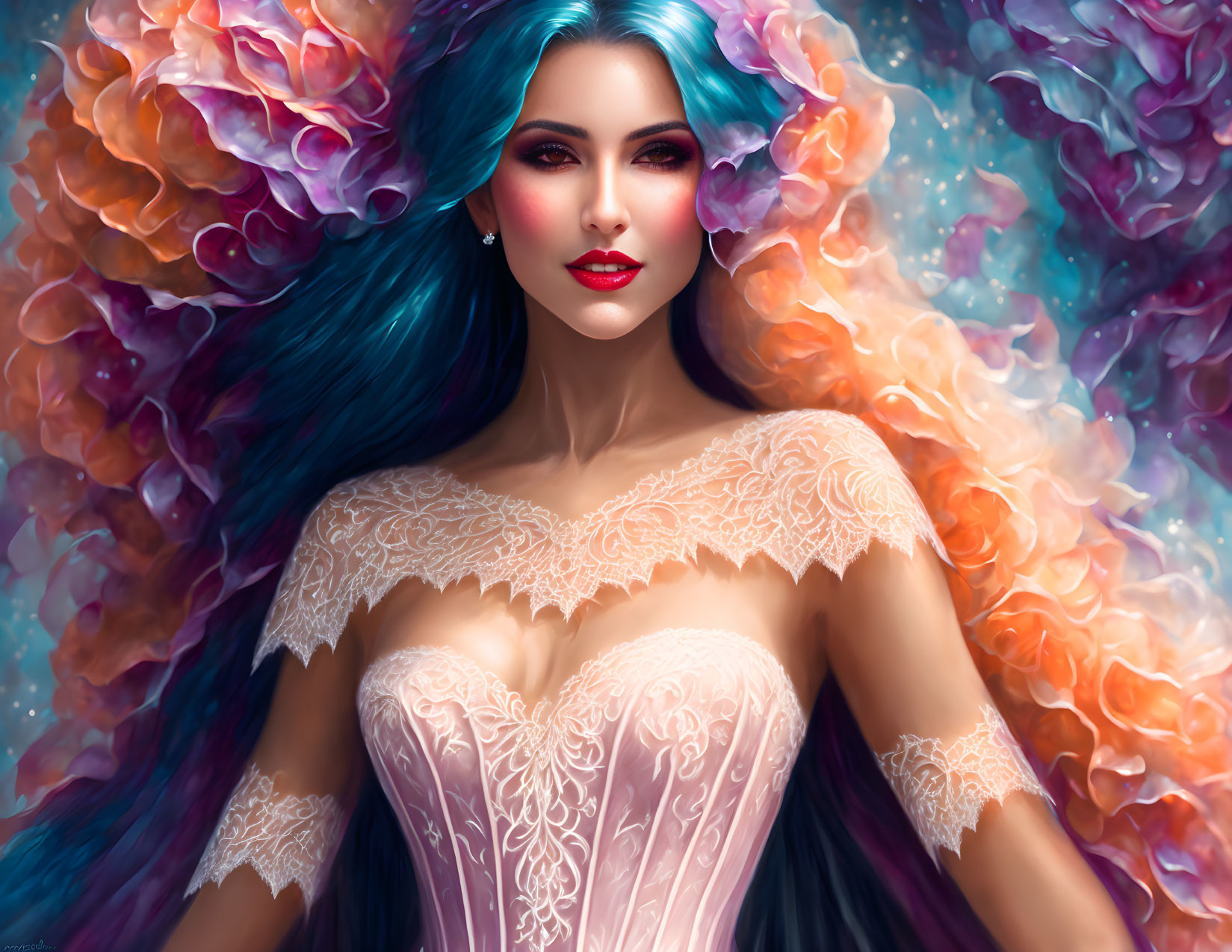 Vibrant blue hair woman in lace dress with colorful flowers