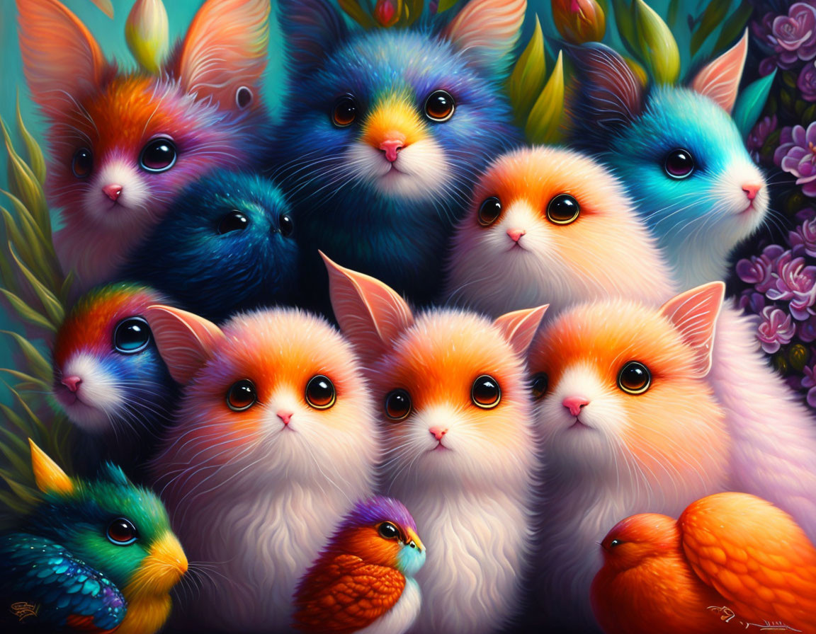 Whimsical creatures with cat and bird features in vibrant painting