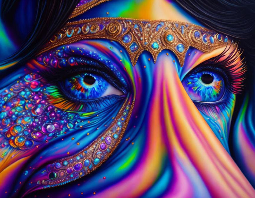 Colorful close-up of woman's face with intricate patterns and blue eyes