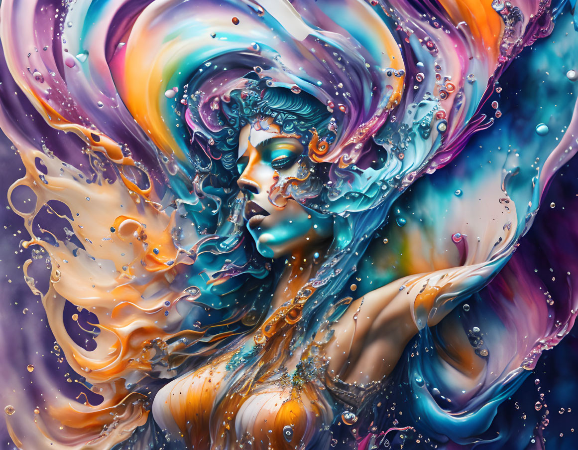 Colorful abstract artwork: Woman's face merges with flowing liquids