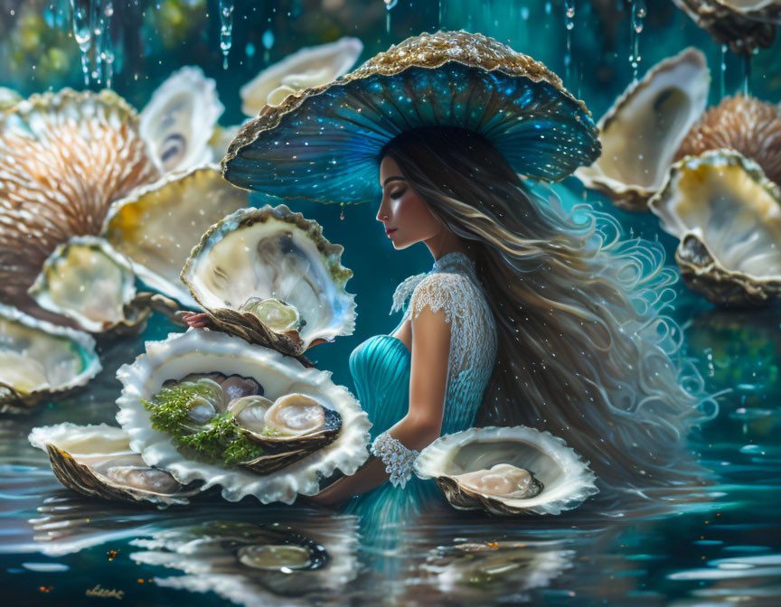 Woman in lace dress on oyster shell with pearls, shells, and mushroom umbrella