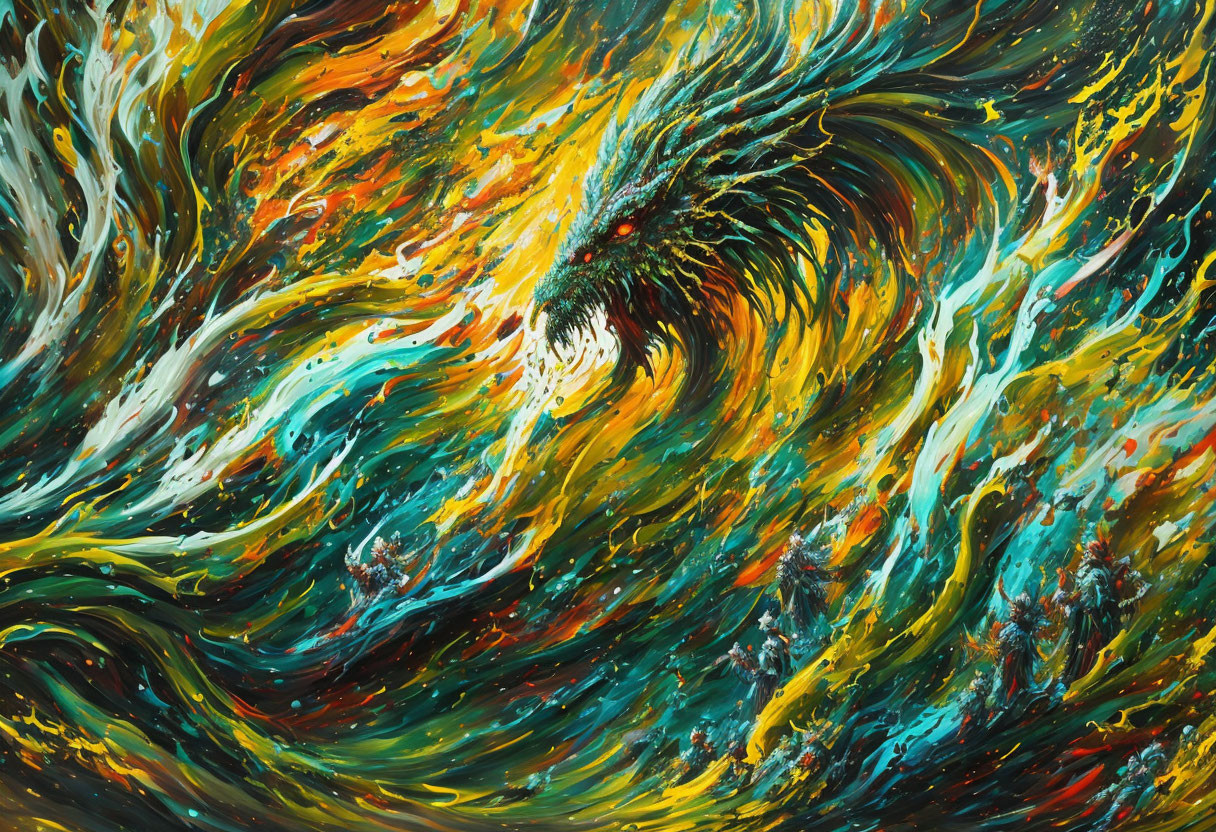 Colorful Abstract Painting with Swirling Yellow, Blue, Green, and Red Patterns