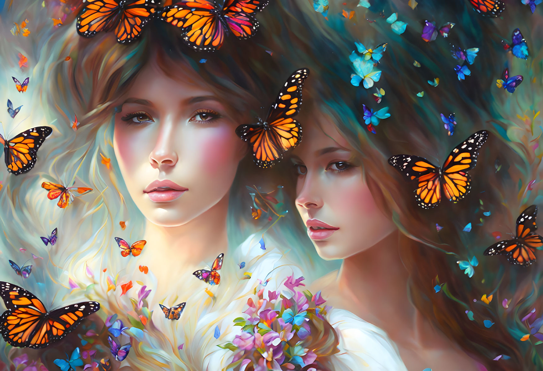 Two women with colorful butterflies in dreamy setting