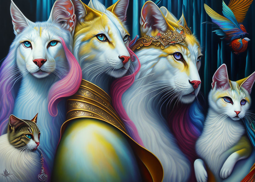 Vibrant illustration of five majestic cats with crowns and jewelry