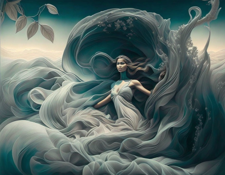 Surreal artwork: Woman merged with flowing waves and tree branches in blue-green dreamscape