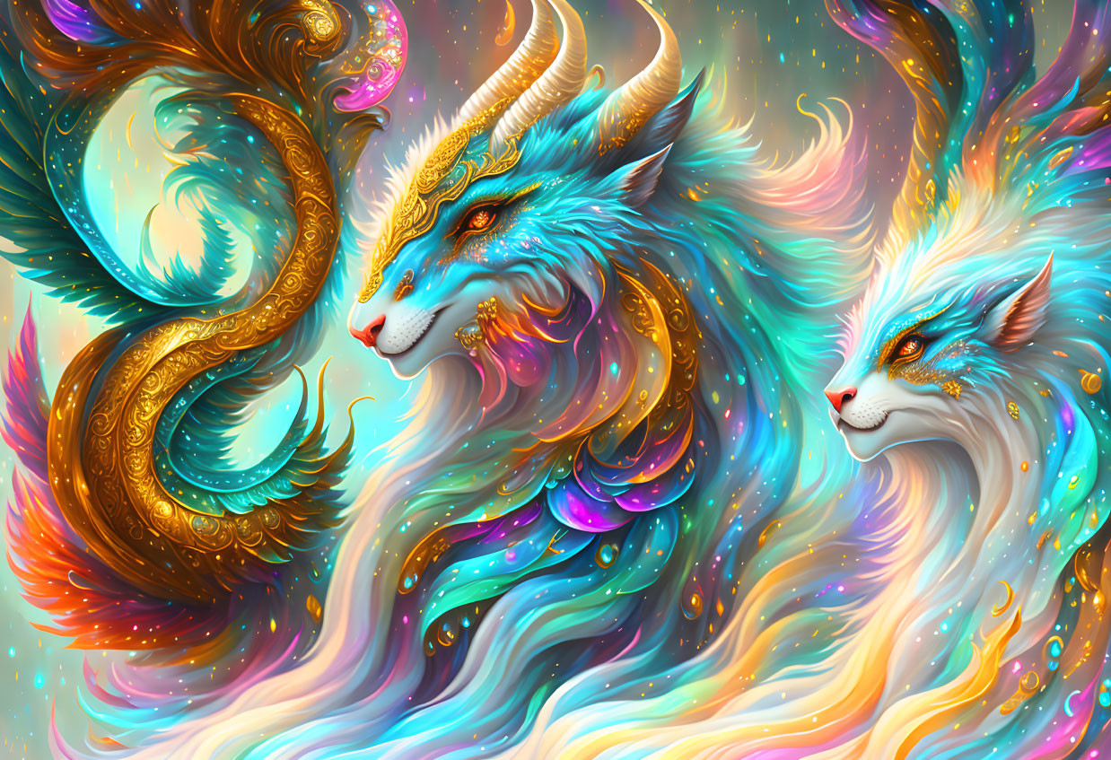 Colorful Mythic Creatures with Ornate Horns in Abstract Setting