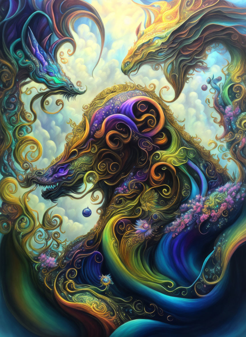 Fantastical image: Two dragons in ornate designs on colorful background