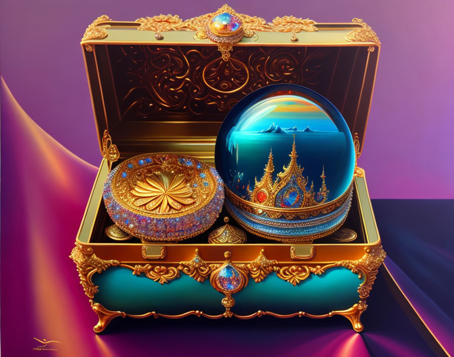 Intricate design on shiny spherical object in open treasure chest