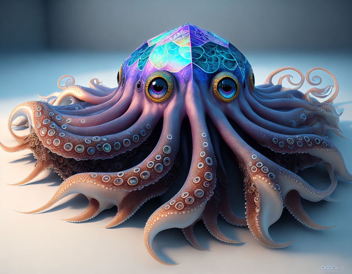 Detailed Digital Illustration of Octopus with Gem-like Texture and Realistic Eyes