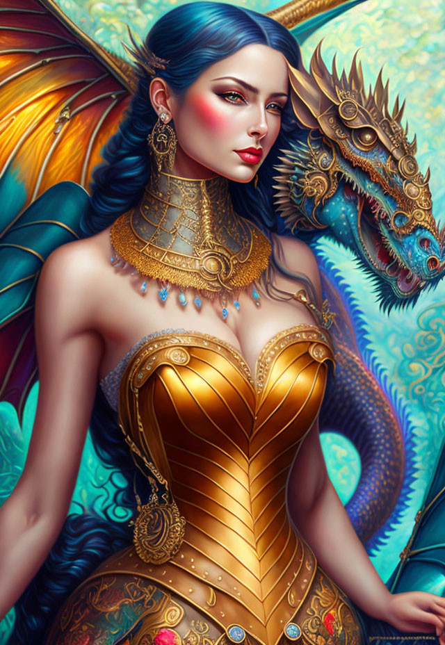 Fantastical portrait of a woman with blue butterfly wings and majestic blue dragon.