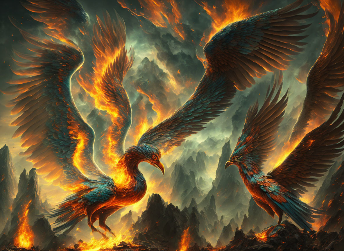 Three fiery phoenixes amidst volcanic eruptions symbolizing regeneration and immortality
