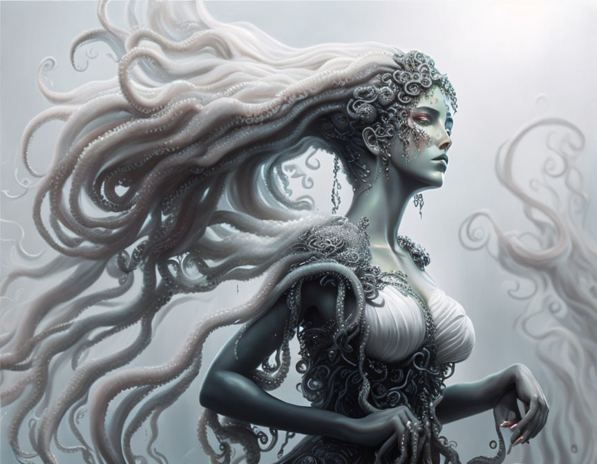 Ethereal female figure with elaborate, flowing hair and ornate details