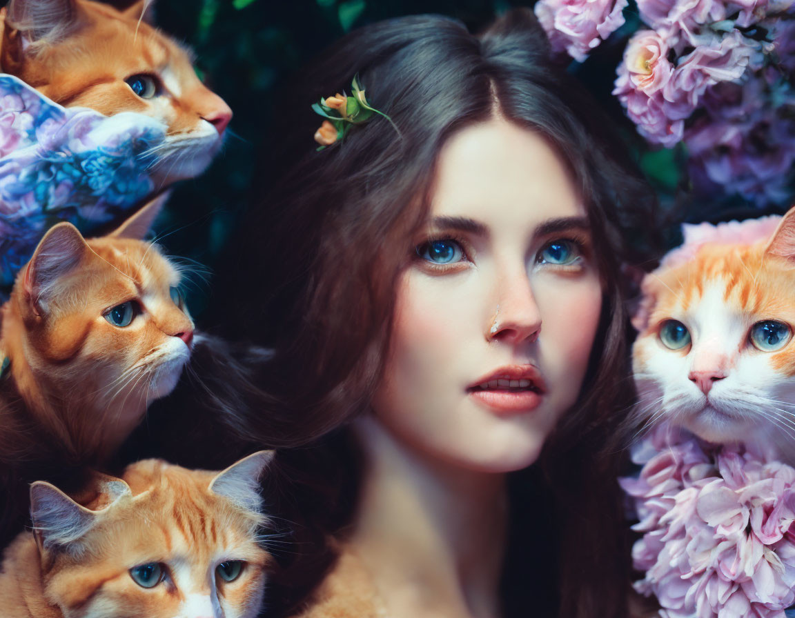 Woman with Blue Eyes Surrounded by Cats and Flowers