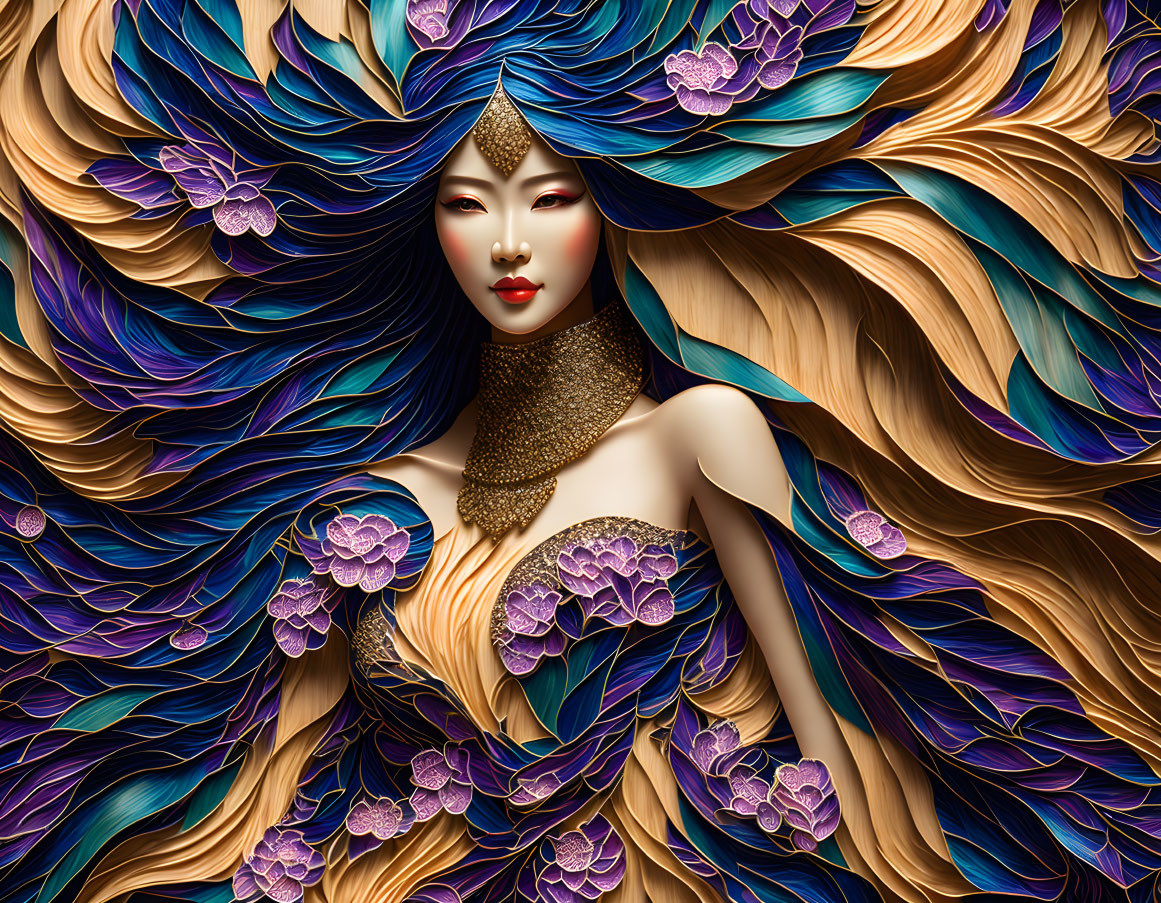 Woman with Flowing Blue and Gold Hair, Purple Flowers, and Gold Jewelry