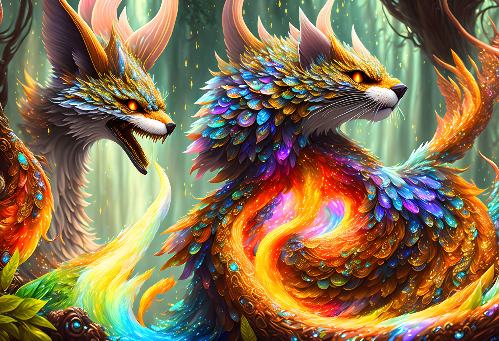 Colorful Forest Scene with Vibrant, Fox-Like Creatures and Iridescent Feathers