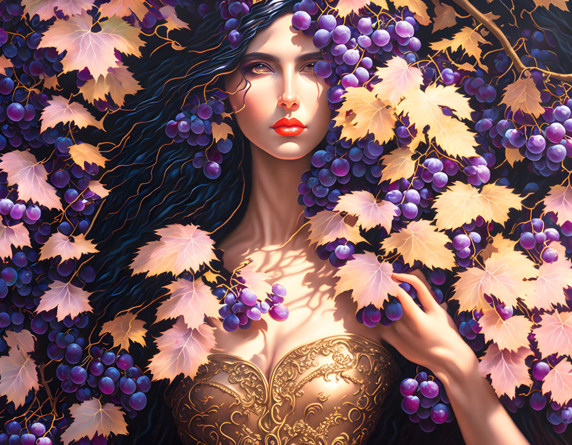 Digital artwork: Woman with dark hair, grape clusters, and autumn leaves on dark background