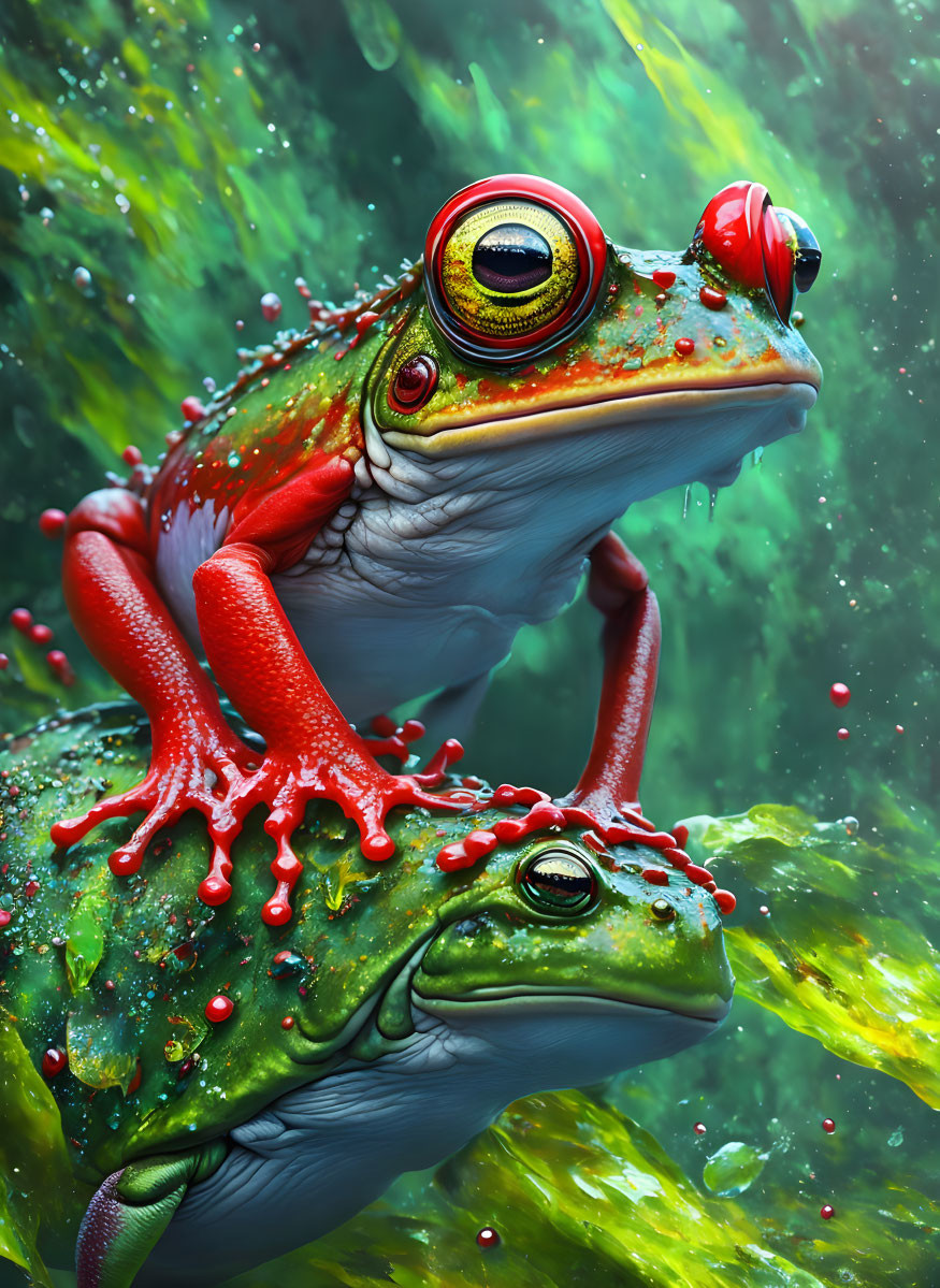 Colorful digital artwork: Two whimsical frogs with red eyes in lush green setting