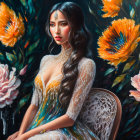 Ethereal woman in gown with vibrant flowers and feathers