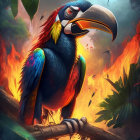 Colorful Toucan Painting on Branch with Rainbow Beak and Tropical Background