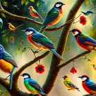 Colorful Birds Perched on Tree Branches with Green Leaves and Flowers