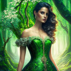 Dark-haired woman in green dress surrounded by flowers in mystical forest