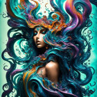 Colorful artwork: Woman with flowing hair in aquatic-themed design