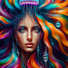 Colorful digital artwork featuring woman with flowing hair and intricate patterns