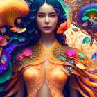 Colorful Asian woman with golden body art among swirling patterns and ornate flowers.