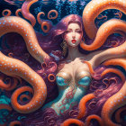 Victorian hairstyle woman surrounded by large octopus tentacles underwater