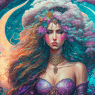 Mystical female figure with horns and floral crown beside blue wolf on cosmic background