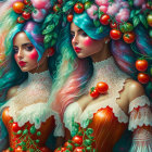 Two women in tomato-themed outfits surrounded by lush greenery and vibrant red tomatoes, with floral elements,