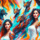 Fantasy illustration: Two women with elaborate headdresses, fiery phoenixes, teal background