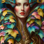 Fantasy Artwork: Pale-Skinned Woman with Bold Makeup, Blue Dragons, and Vibrant