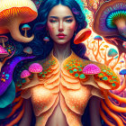 Fantasy portrait of woman with ethereal makeup and magical mushrooms.
