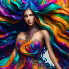 Colorful digital artwork of a woman with vibrant, flowing hair and ornate attire.