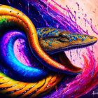 Colorful surreal artwork featuring serpent in blue and orange swirls