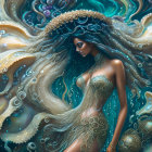 Blue-haired woman in silver dress surrounded by celestial swirls