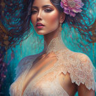 Illustrated portrait of a woman with flowing hair, vibrant makeup, and elegant jewelry against floral backdrop