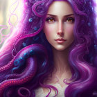 Surreal portrait of woman with flowing purple hair in water