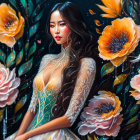 Fantasy illustration: Elegant woman, dragons, floral patterns