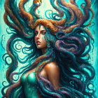 Surreal portrait of woman with tentacle hair in blue & turquoise palette