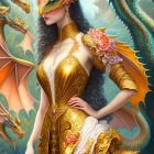 Fantasy warrior woman in golden dragon armor with winged helmet