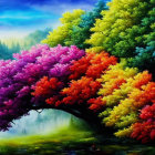 Colorful painting: Whimsical tree with birds, hills, and twilight sky