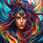 Colorful digital artwork: Woman with swirling blue and orange hair and intricate patterns.